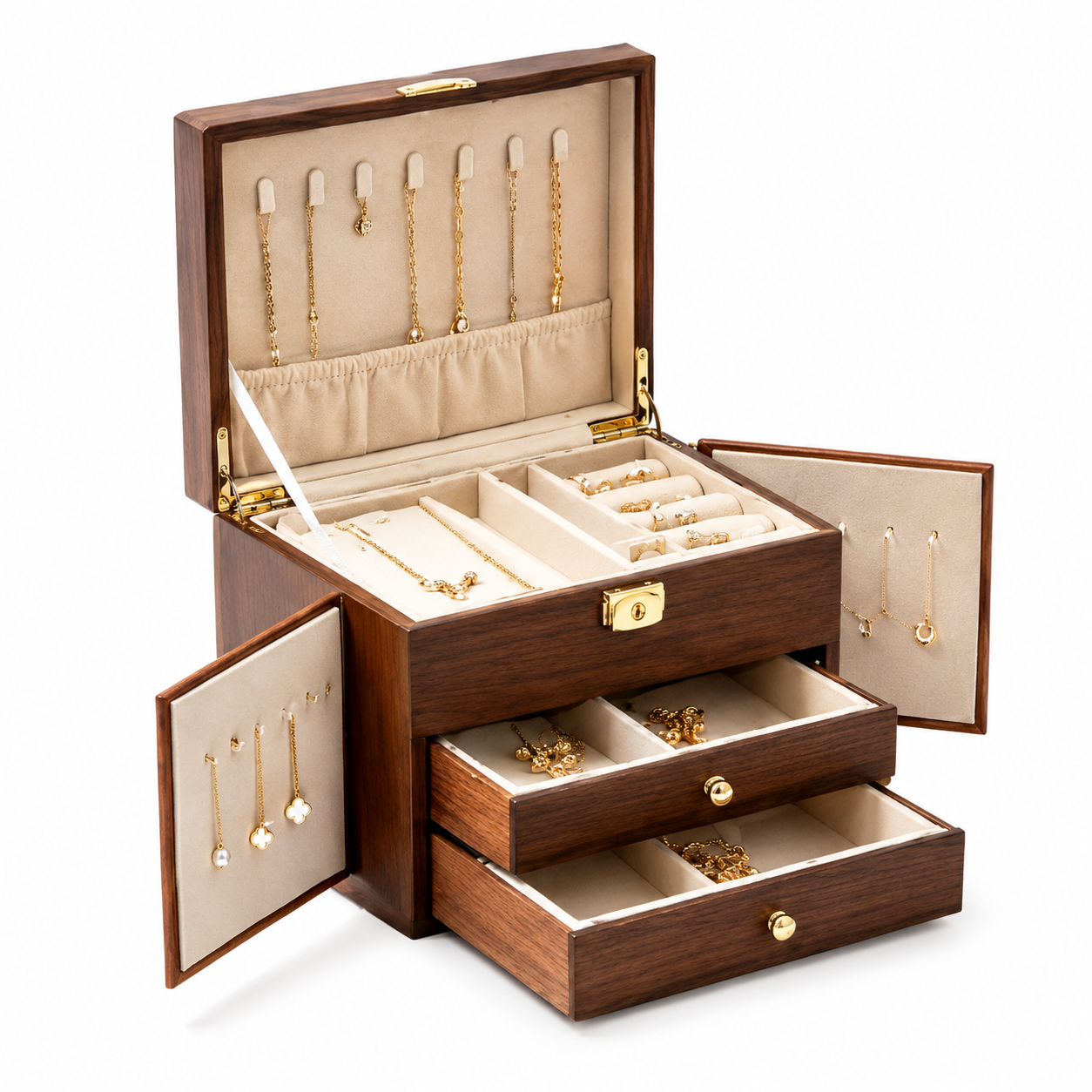 Classic Walnut Finish High-Capacity Jewelry Armoire
