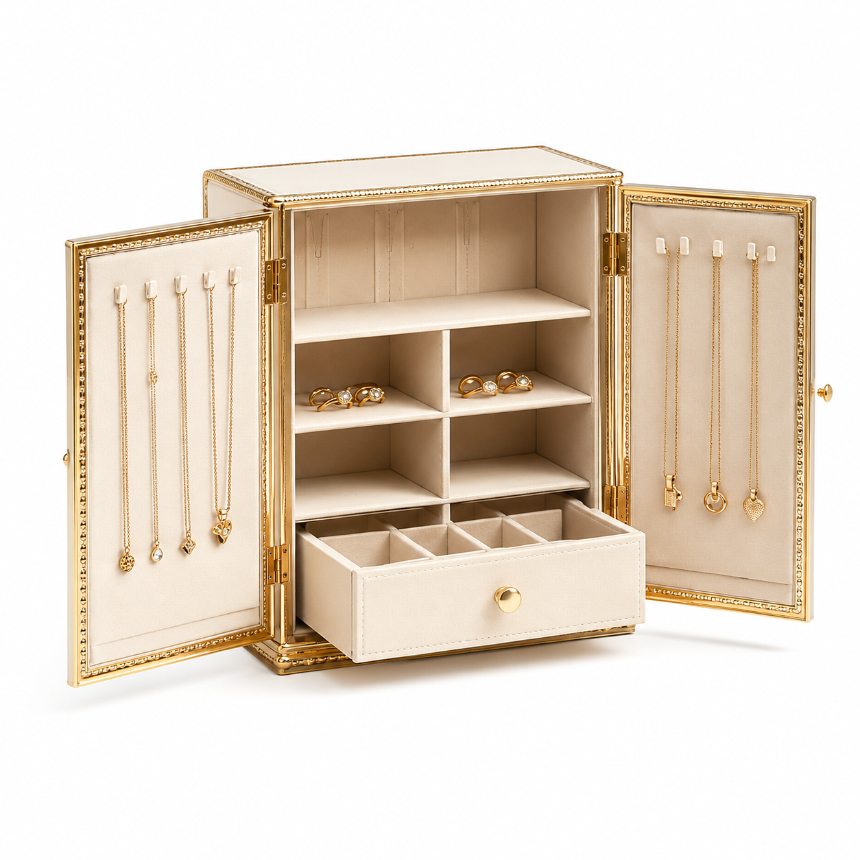 Cream and Gold Cabinet-Style Jewelry Armoire
