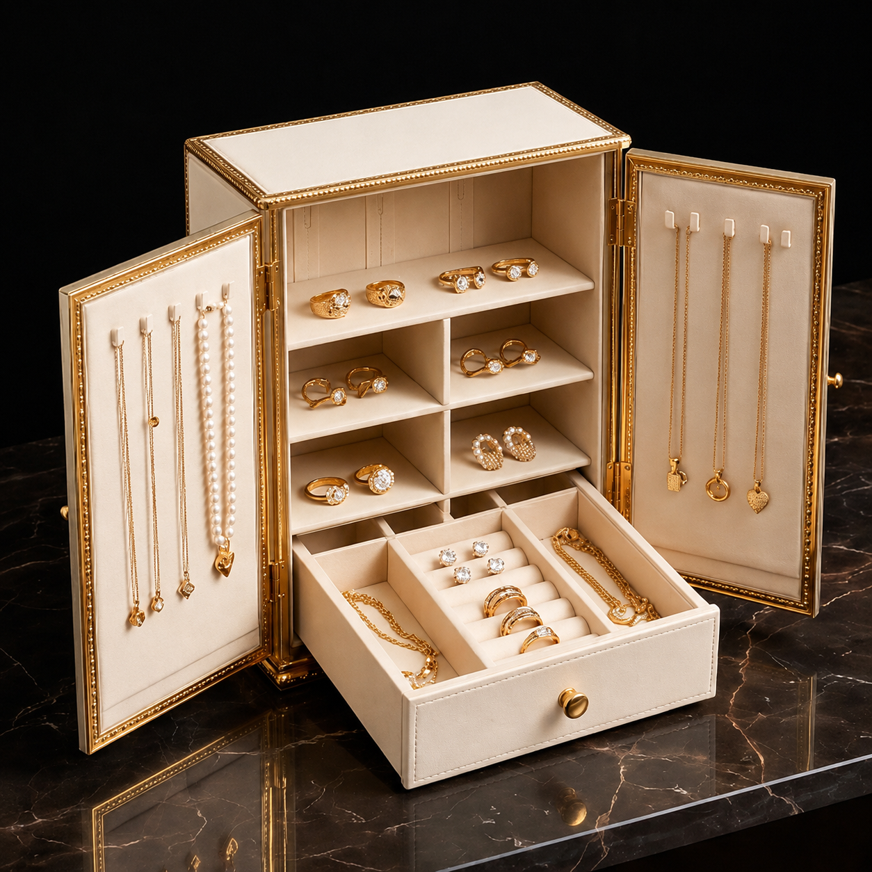 Cream and Gold Cabinet-Style Jewelry Armoire