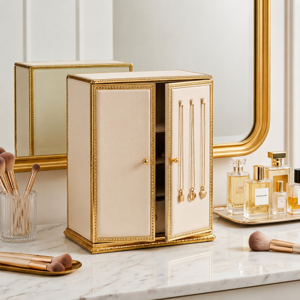 Cream and Gold Cabinet-Style Jewelry Armoire