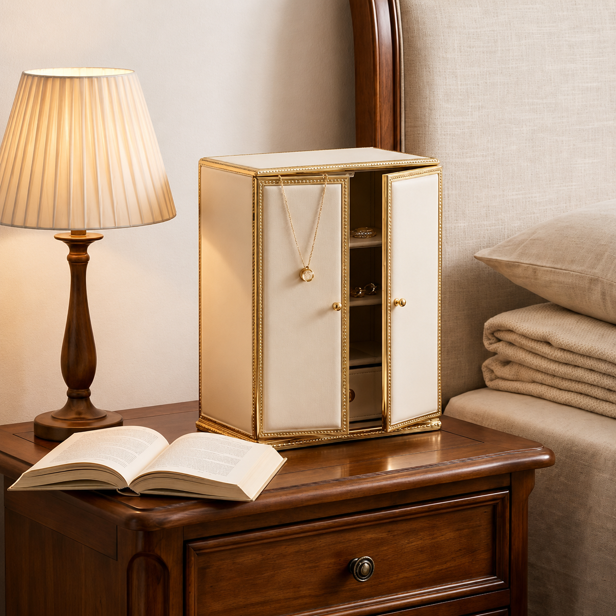 Cream and Gold Cabinet-Style Jewelry Armoire