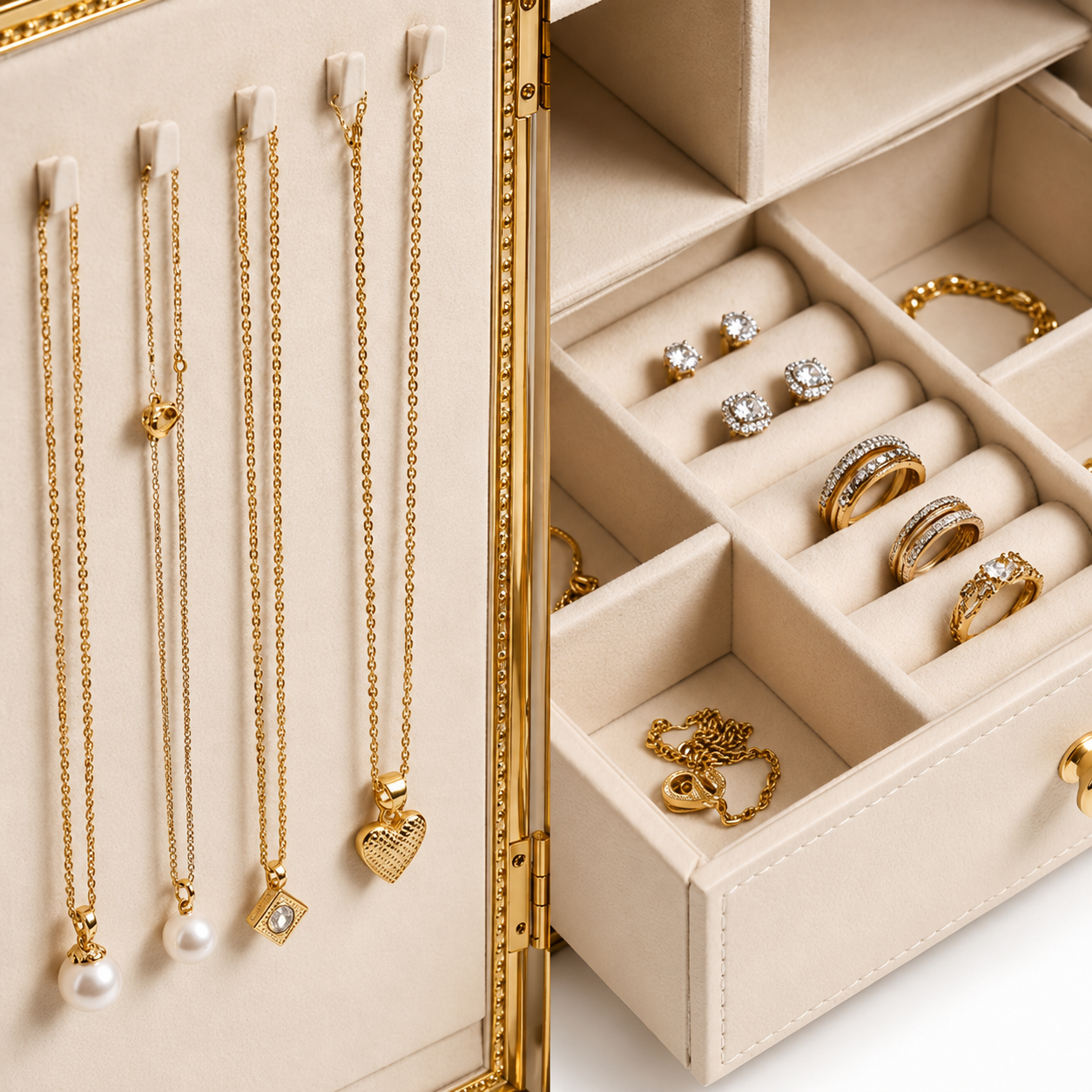 Cream and Gold Cabinet-Style Jewelry Armoire