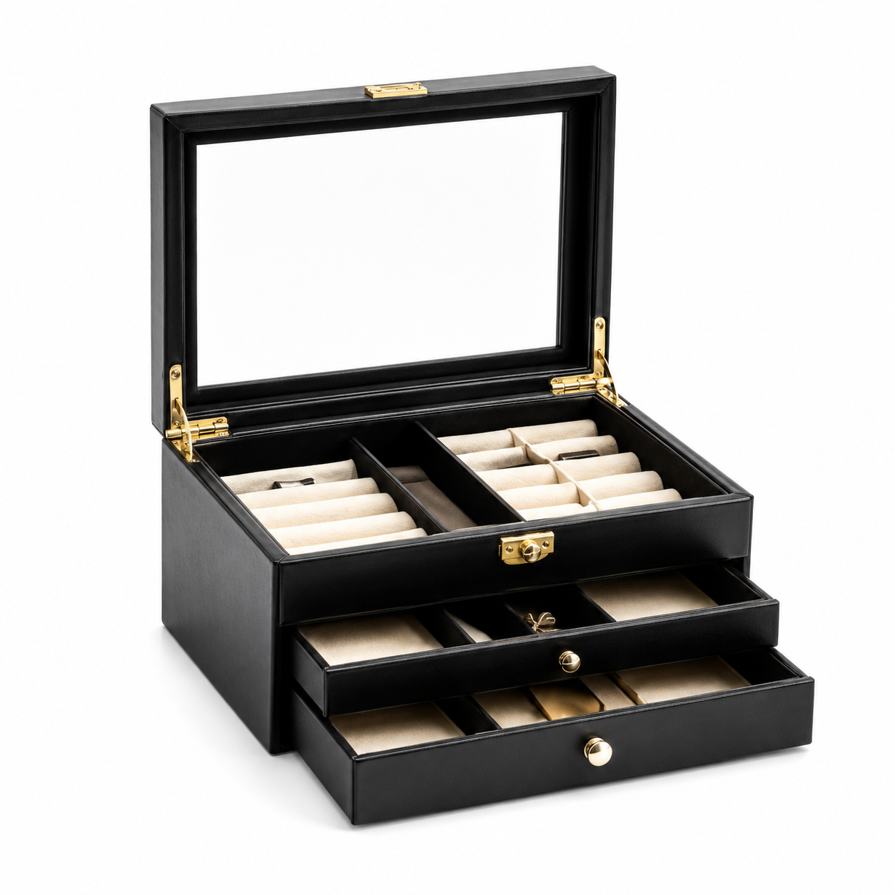 Classic Black 3-Tier Glass Top Jewelry Organizer