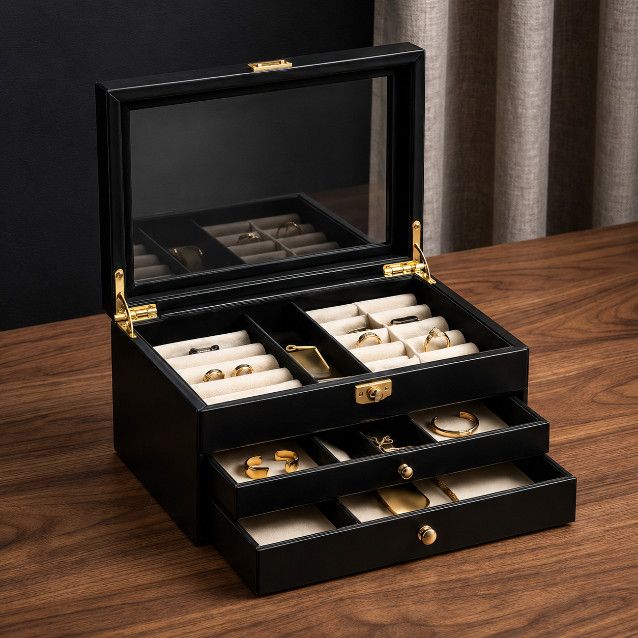 Classic Black 3-Tier Glass Top Jewelry Organizer