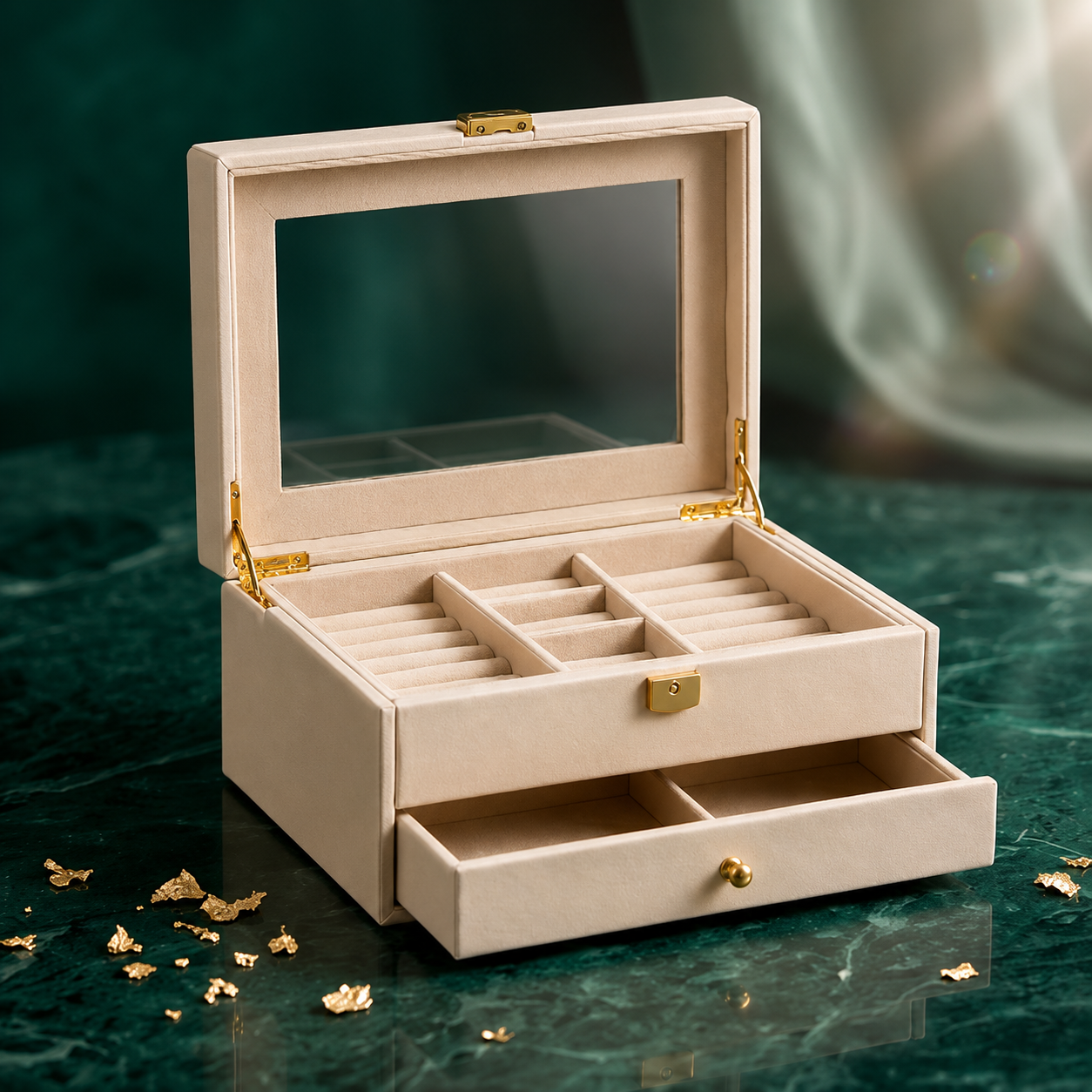 Cream 2-Tier Glass Top Jewelry Organizer