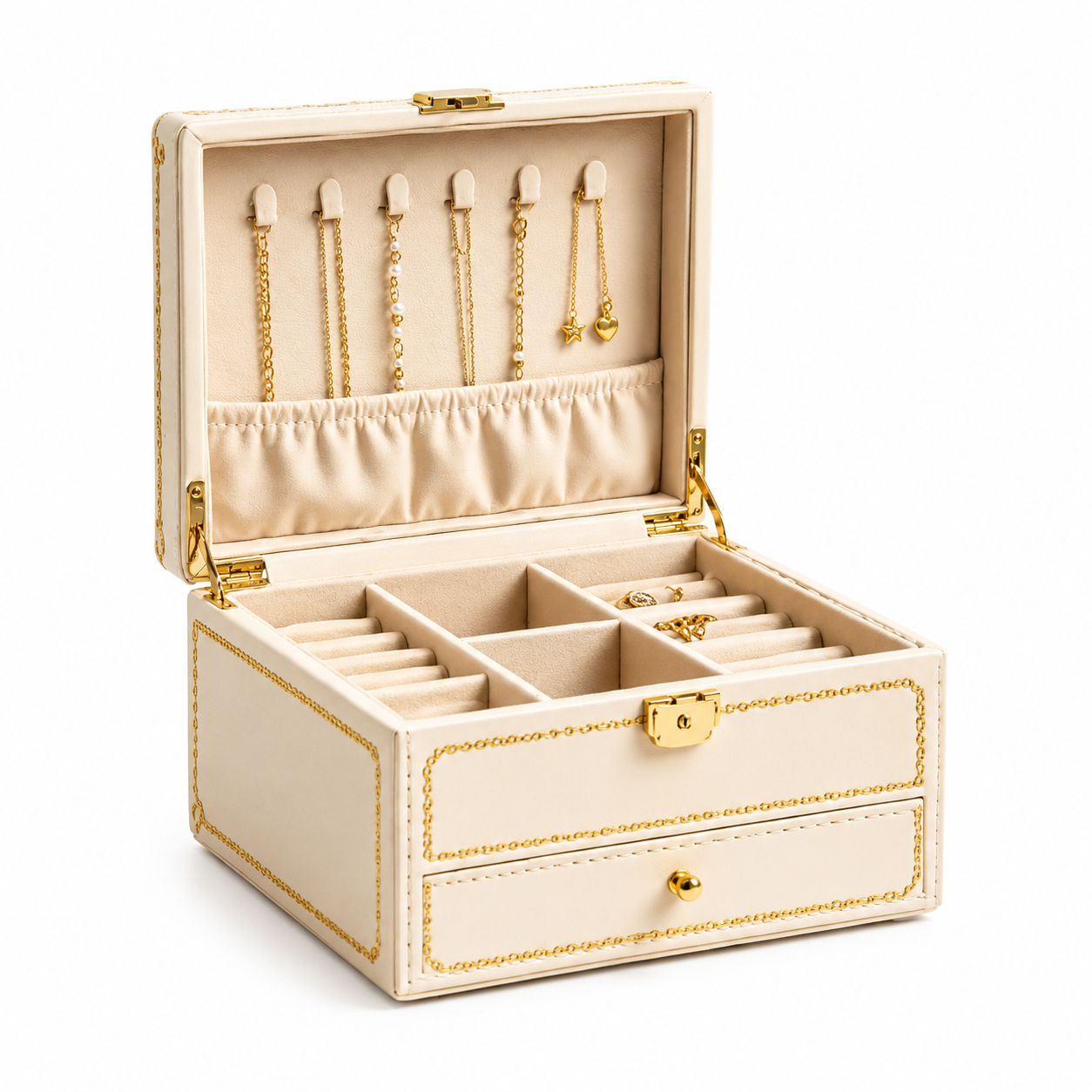 Elegant Cream and Gold Chain 2-Tier Jewelry Organizer