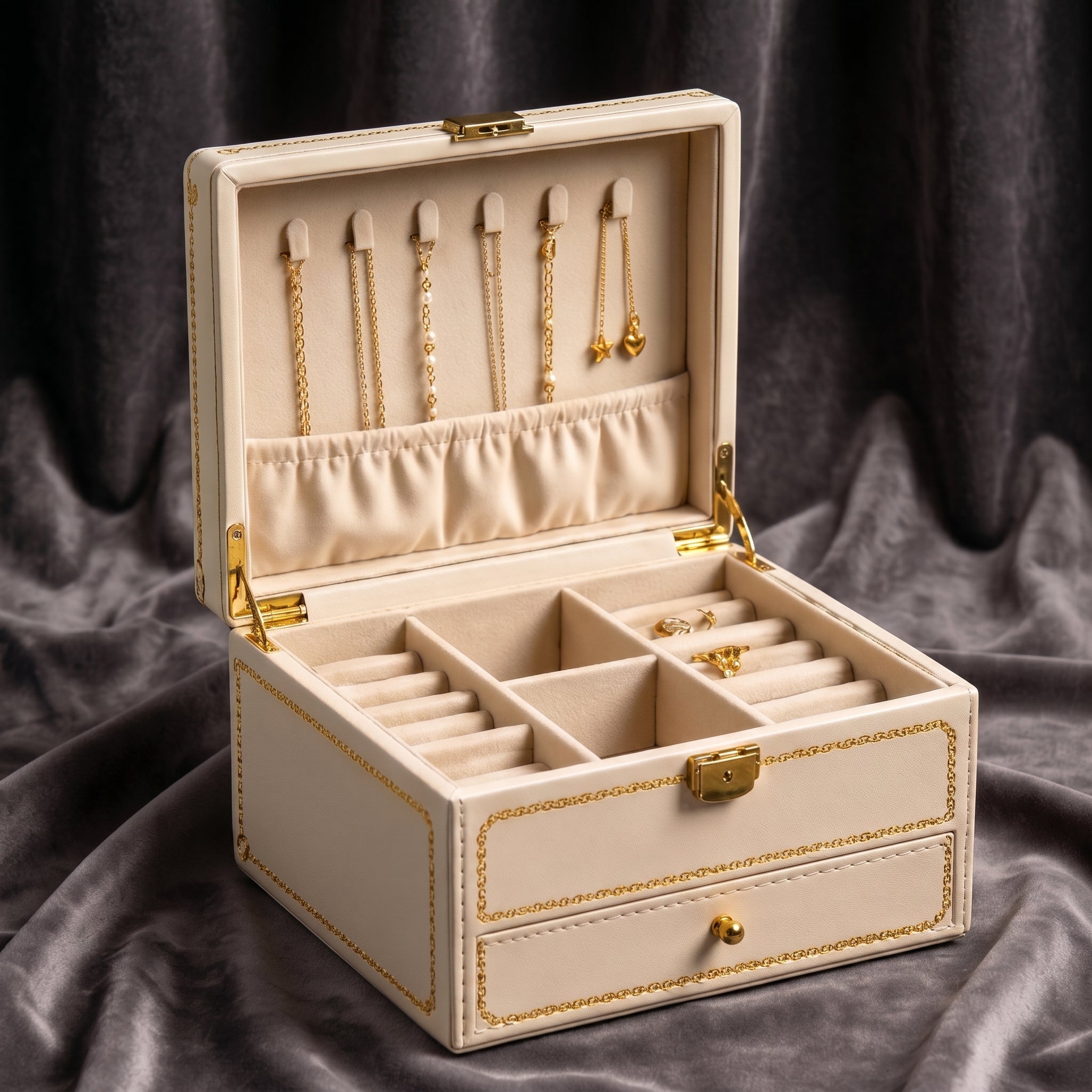 Elegant Cream and Gold Chain 2-Tier Jewelry Organizer