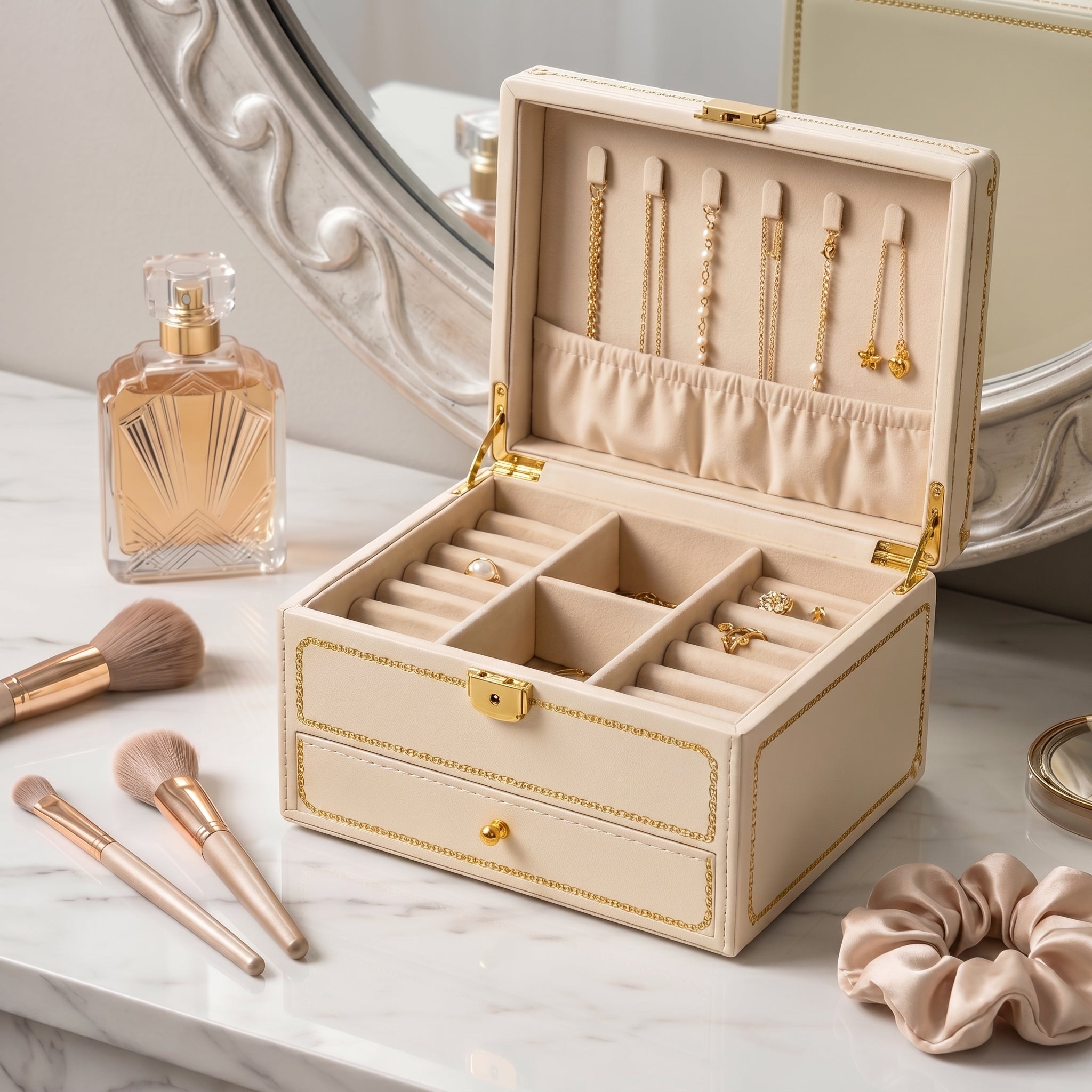 Elegant Cream and Gold Chain 2-Tier Jewelry Organizer