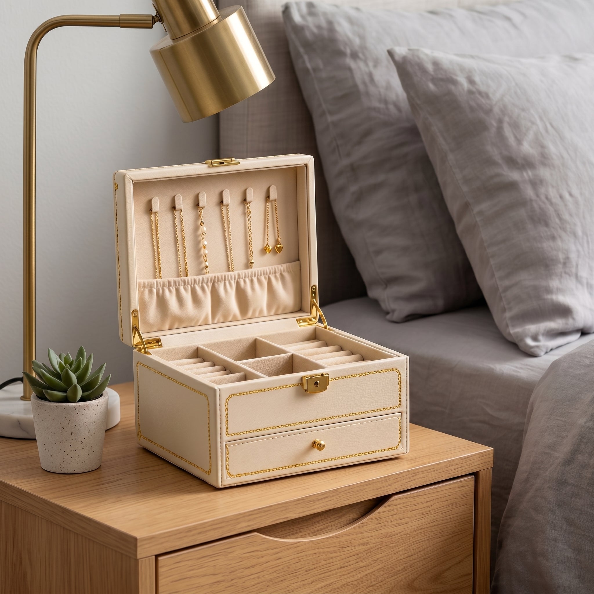 Elegant Cream and Gold Chain 2-Tier Jewelry Organizer