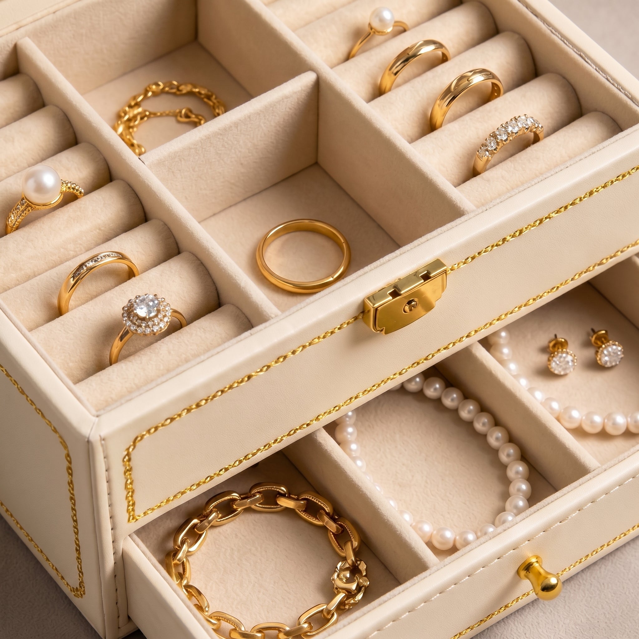 Elegant Cream and Gold Chain 2-Tier Jewelry Organizer