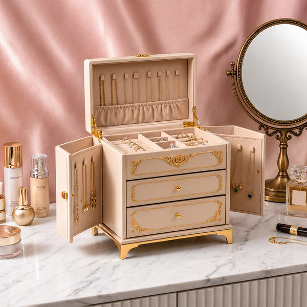 Ornate Cream and Gold Vintage-Style Jewelry Armoire