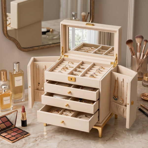 Elegant Cream and Gold Elevated Jewelry Armoire